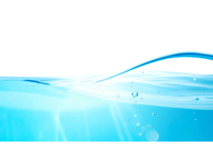 Clear blue water surface against black. Glimmering light and small air bubbles accent the water's gentle curve