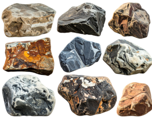 Assorted rocks show varied colors and textures in a grid pattern against a transparent background