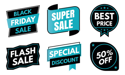 Marketing sale badge set, promotional discount offer labels and advertising sticker collection for product design