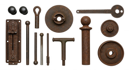 Antique metal hardware collection with rustic patina isolated on a transparent background image