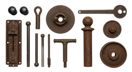 Antique metal hardware collection with rustic patina isolated on a transparent background image