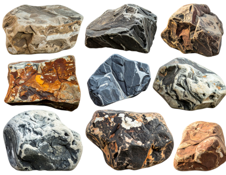 Assorted rocks show varied colors and textures in a grid pattern against a transparent background