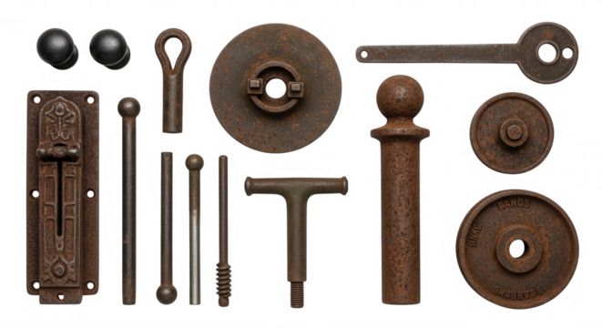 Antique metal hardware collection with rustic patina isolated on a transparent background image