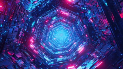 Abstract neon pink blue hexagonal tunnel