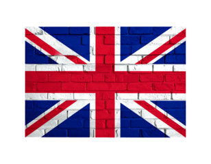British flag painted onto a brick wall in shades of red, white, and blue against a black background