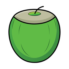 Green coconut with a plastic pipe for drinking. cartoon style vector illustration.