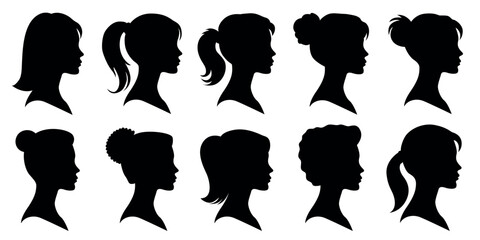 Women head profile silhouettes, black female cameo vector pack