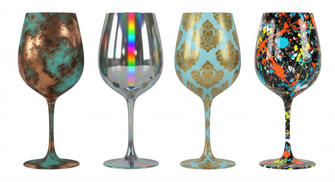 Four decorative wine glasses with unique artistic designs isolated on a transparent background goblet