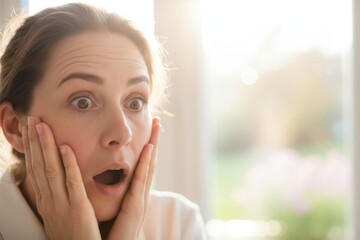 Surprised woman with hands on face, expressing shock and disbelief, illuminated by soft sunlight streaming through window, capturing a moment of emotional reaction and genuine surprise