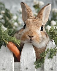 Adorable brown rabbit peeking over a white wooden fence surrounded by fresh carrots and greenery, showcasing a charming garden scene with a playful atmosphere