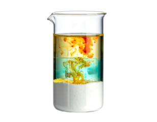 Clear glass beaker with layers solid white bottom, blue, yellow, orange and yellow streaks, against a black background