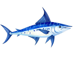 Blue marlin illustration with a long bill, stripes, and spots against a dark background