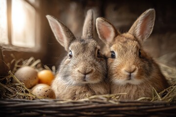 Two adorable rabbits nestled together in a rustic basket filled with straw and speckled eggs, capturing the essence of springtime and new beginnings in a cozy setting