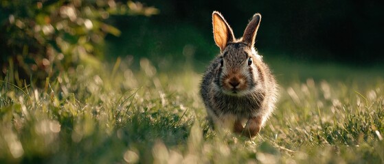 Brown rabbit with large ears is hopping through lush green grass in a sunlit meadow, showcasing its playful nature and vibrant surroundings