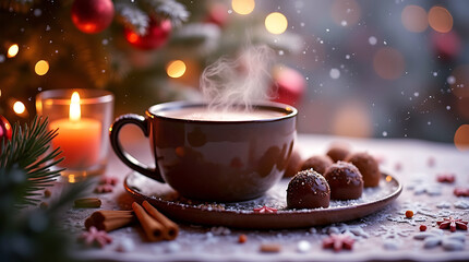 Fototapeta premium Cozy Hot Chocolate and Candlelight – Warm Christmas Winter Atmosphere