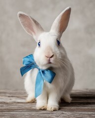 White rabbit with large ears and bright blue eyes, adorned with a vibrant blue bow, sitting on rustic wooden surface, showcasing adorable features and charming personality
