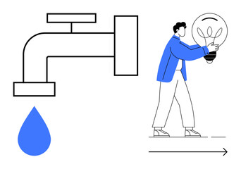 Large faucet with water drop, person carrying light bulb walking forward, emphasizing sustainability. Ideal for energy efficiency, water conservation, innovation, ideas, resource management