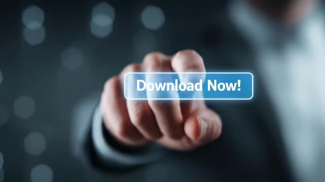 Close-up of a hand reaching toward a glowing blue download button amid a blurred dark tech backdrop