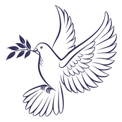Fototapeta premium Dove in flight carrying an olive branch in its beak, symbolizing peace and hope for the future world