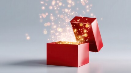 Vibrant red gift box overflowing with shimmering glitter a radiant glow, set backdrop grey against soft