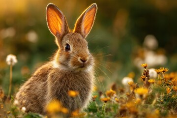 Brown rabbit sitting among vibrant wildflowers in a sunlit meadow, showcasing its soft fur and attentive expression, embodying the beauty of nature and wildlife