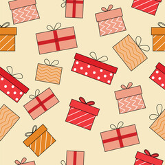 Playful Christmas seamless pattern featuring colorful gift boxes and ribbons on a warm beige background with red tones
