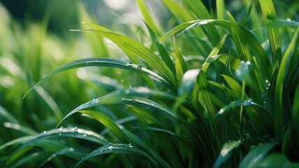 Green grass blades are covered in fresh morning dew drops, shimmering in soft sunlight, nature creating scene tranquil