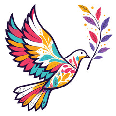 Obraz premium A colorful dove in flight carrying a leafy branch with vibrant leaves and a white background style art
