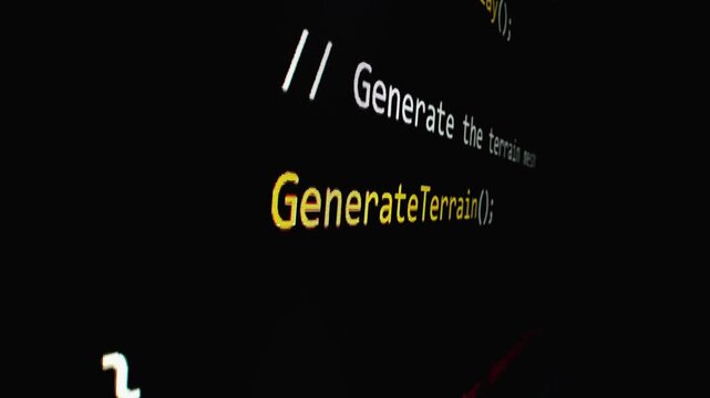 Closeup macro shot movement of coding script moving across LED screen with real-time AI-generated typing, showcasing advanced AI learning in optimization, debug and coding for software development.