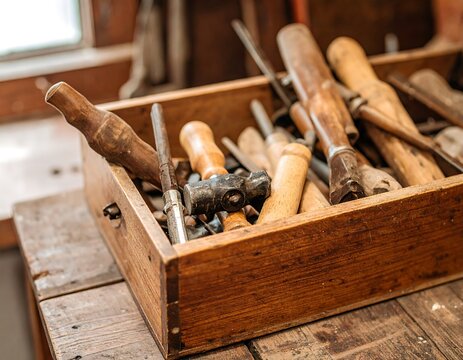 Wooden tools in a vintage box