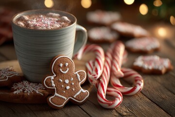 Warm cup of hot chocolate topped with whipped cream and sprinkles, accompanied by gingerbread cookie and candy canes, creating a cozy festive atmosphere for winter celebrations