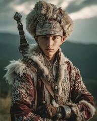 Young male warrior dressed in ornate traditional attire, featuring intricate patterns and textures, stands confidently against a dramatic mountainous backdrop, embodying strength and heritage