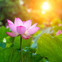 Close-up of a blooming pink lotus flower with bright sunlight