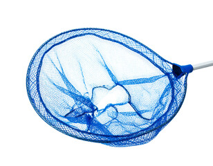 Blue mesh net. Black hole in the center. White handle extending right, against a black background