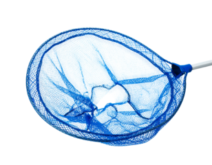 Blue mesh net. Black hole in the center. White handle extending right, against a black background