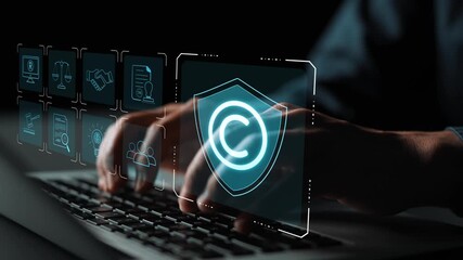 Digital copyright protection system showing secure ownership, intellectual property rights, content verification, and legal warning icons for creators and publishers Marrow