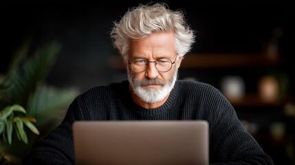 Focused senior man with gray hair using a laptop in a cozy setting.