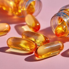 Transparent golden capsules scattered on a soft pink surface, with a glass jar tipped over, showcasing the vibrant colors and textures of dietary supplements for health and wellness