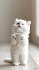 Fluffy white kitten, standing upright, holding a small white cup
