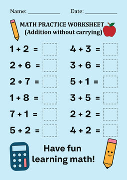 Basic Addition Math Practice Worksheet for Young Learners