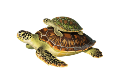 Sea turtle with baby on back illustration