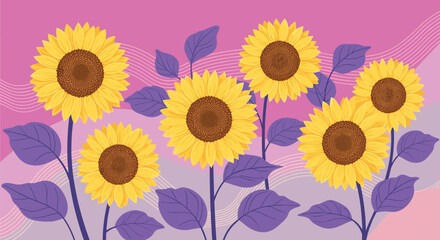 Obraz premium Bright yellow sunflowers with purple leaves against a soft pink and purple background with abstract waves.