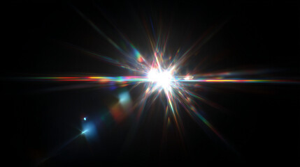 Bright professional lens flare light effect with hexagonal bokeh pattern and rainbow chromatic aberration on pure black background, high contrast optical rays, clean edges