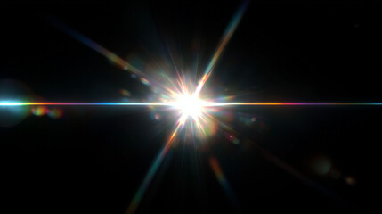 Bright professional lens flare light effect with hexagonal bokeh pattern and rainbow chromatic aberration on pure black background, high contrast optical rays, clean edges