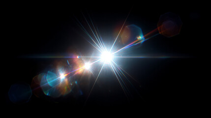 Bright professional lens flare light effect with hexagonal bokeh pattern and rainbow chromatic aberration on pure black background, high contrast optical rays, clean edges