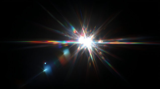 Bright professional lens flare light effect with hexagonal bokeh pattern and rainbow chromatic aberration on pure black background, high contrast optical rays, clean edges