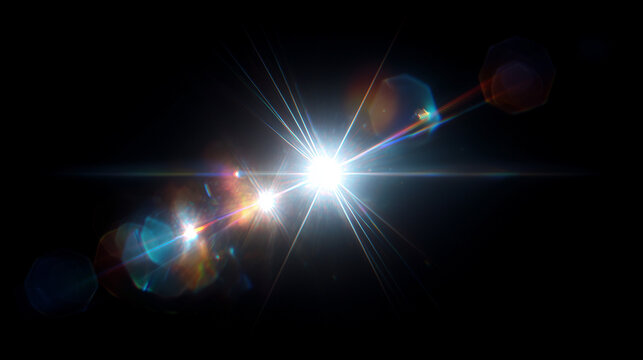Bright professional lens flare light effect with hexagonal bokeh pattern and rainbow chromatic aberration on pure black background, high contrast optical rays, clean edges