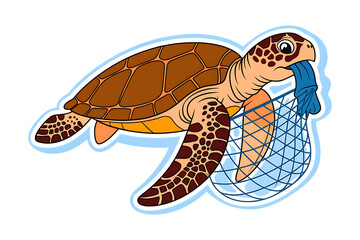 Sea turtle with plastic bag in net, ocean pollution concept