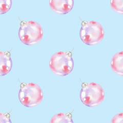 Seamless pattern of christmas tree toy glass ball on a blue background. For fabric, wallpaper, packing paper, greeting cards, design, decoration and illustration.