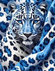Close-up of a blue-toned leopard, surrounded by stylized cloth